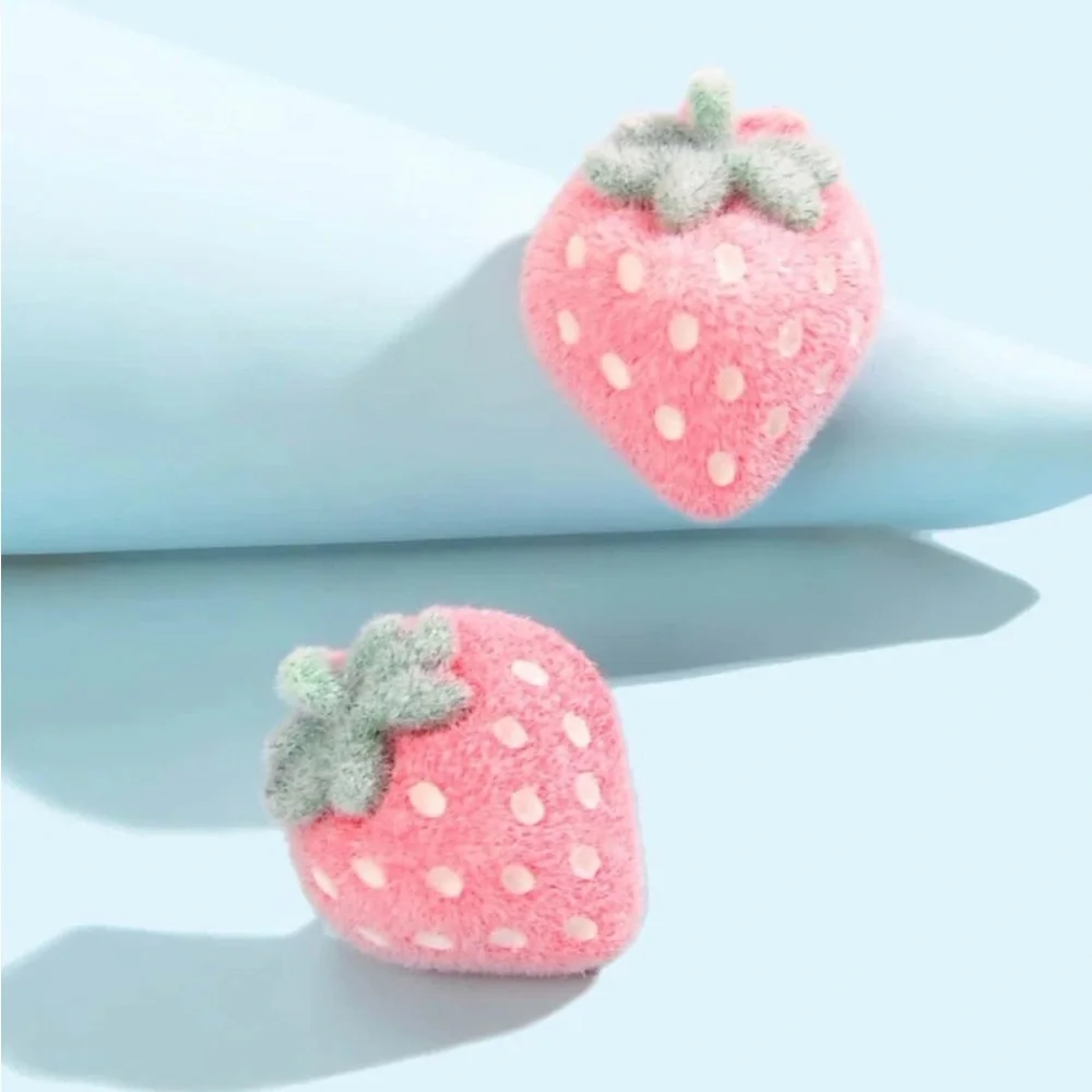 Fuzzy Strawberries~ Furry Fluffy Flocked Strawberry Fruit Kawaii Yummy Pink Stud